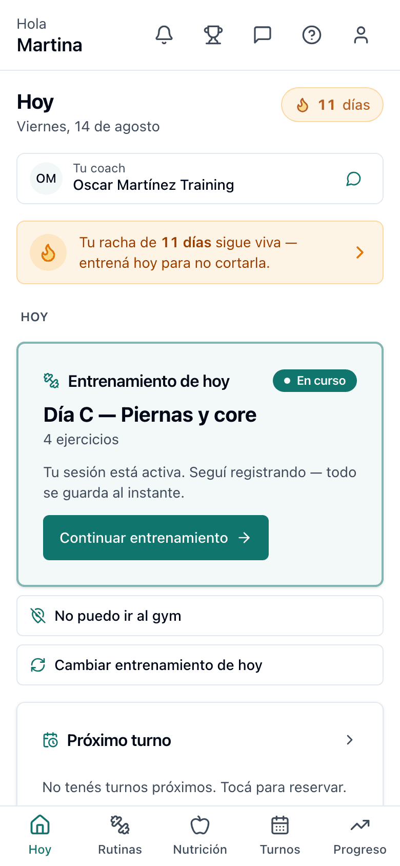 App del alumno mostrando el entrenamiento de hoy con el botón para empezar