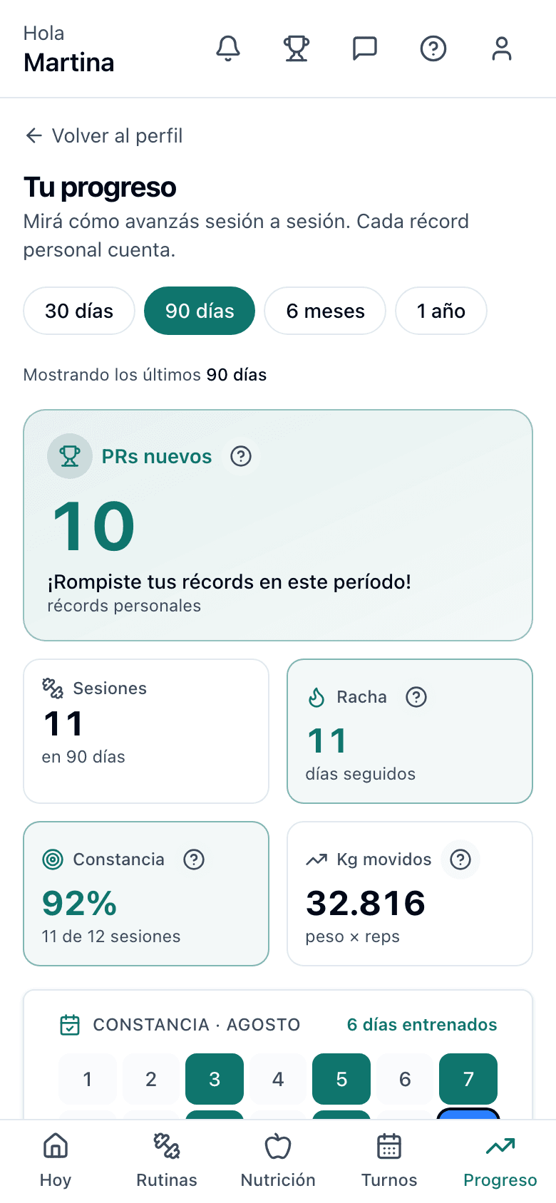 App del alumno con récords personales, sesiones y constancia
